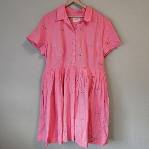 Pink Button-Front Short Sleeve Dress